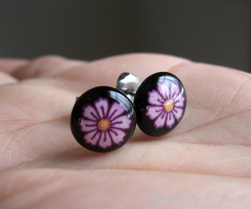 Tiny Pink Flowers Stud Earrings Pysanky Jewelry by So Jeo